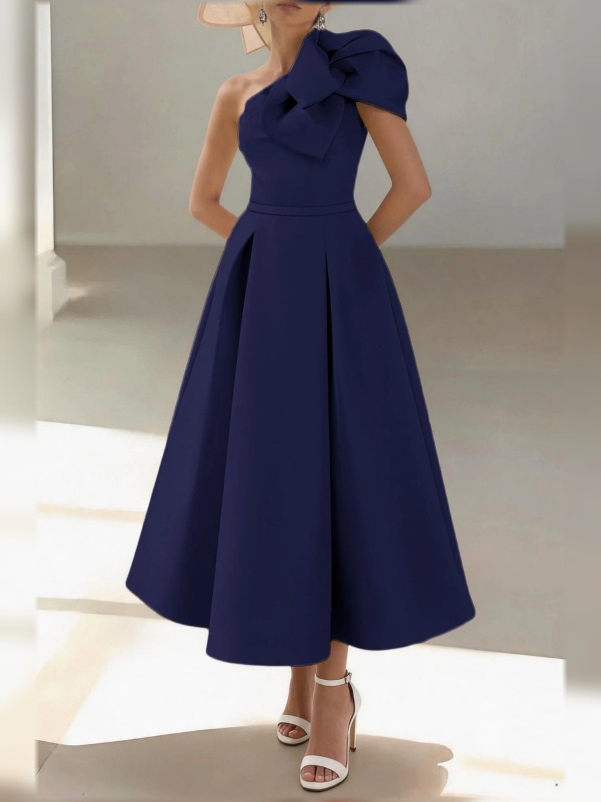 Pleated Draped One Shoulder A-Line Midi Satin Mother of the Bride Dress for Rehearsal Dinner
