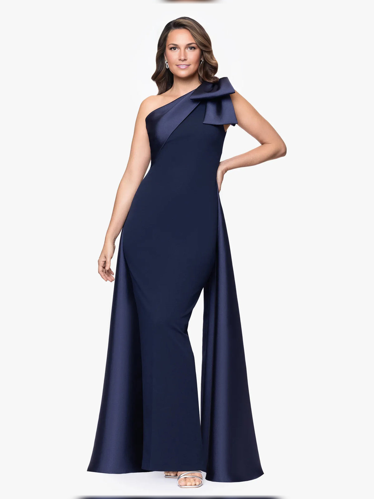 Bow Slit One Shoulder Sheath Floor-Length Crepe Mother of the Bride Dress for Evening Reception