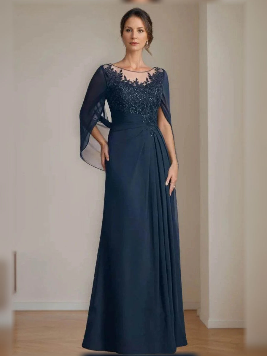 Ruched Draped Floral Illusion Neck A-Line Floor-Length Chiffon Mother of the Bride Dress for Evening Reception