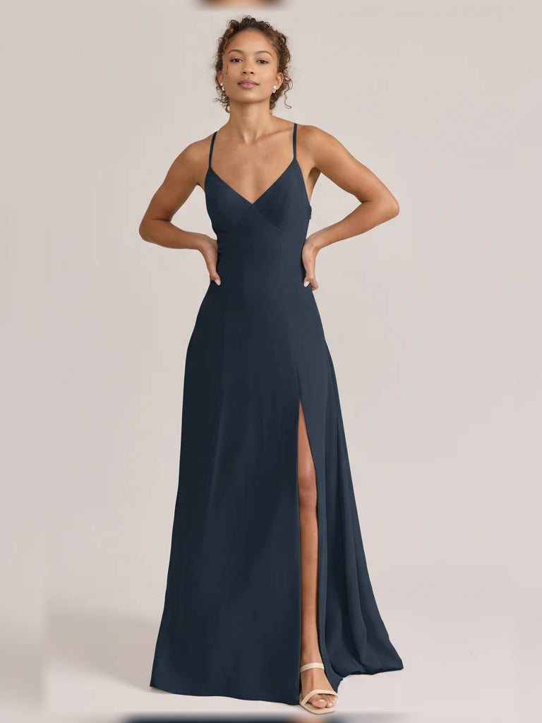 Slit V-Neck A-Line Maxi Chiffon Bridesmaid Dress for Garden Wedding