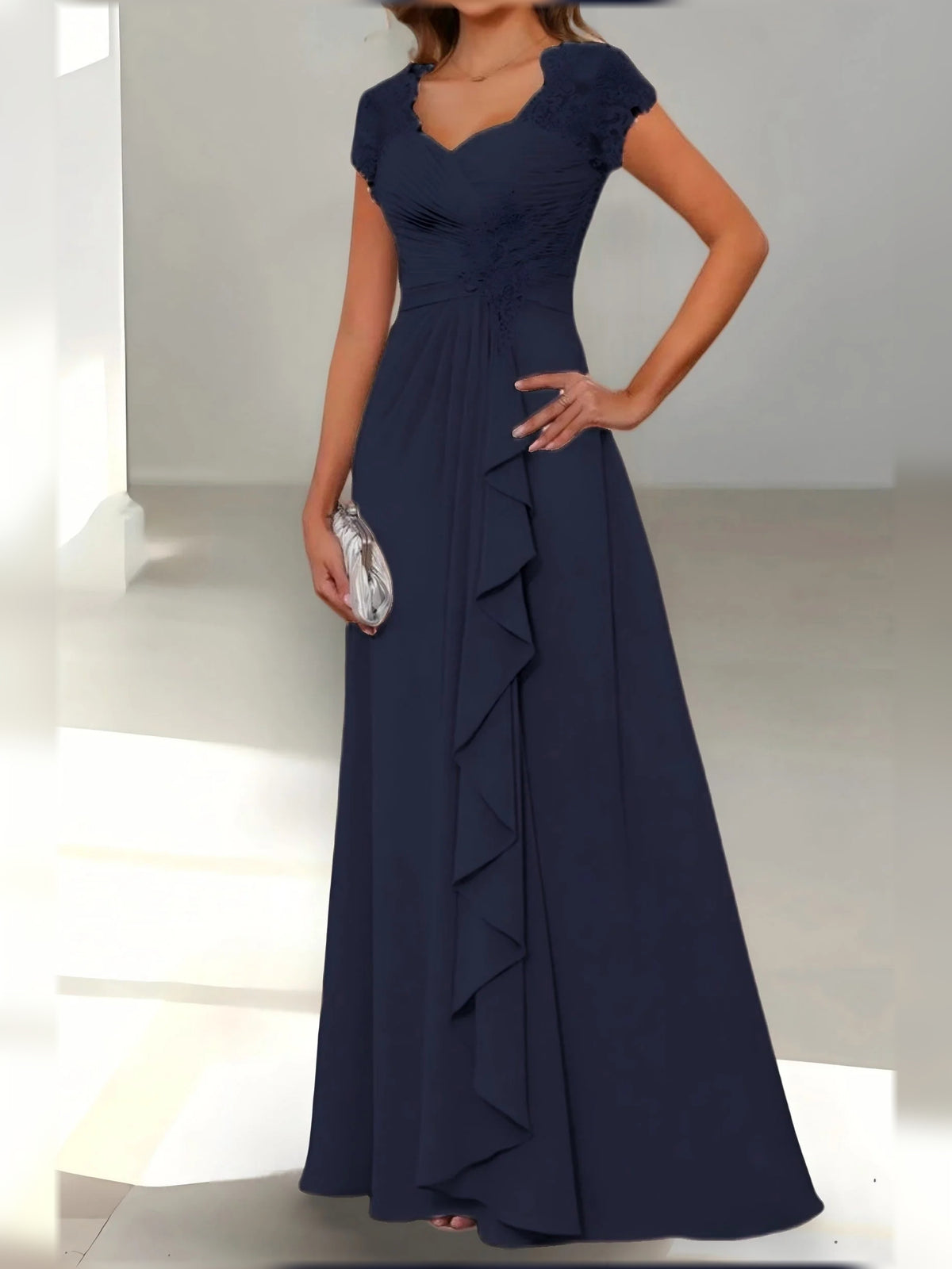 Ruched Draped Floral Ruffled V Neck A-Line Floor-Length Chiffon Mother of the Bride Dress for Wedding Celebration