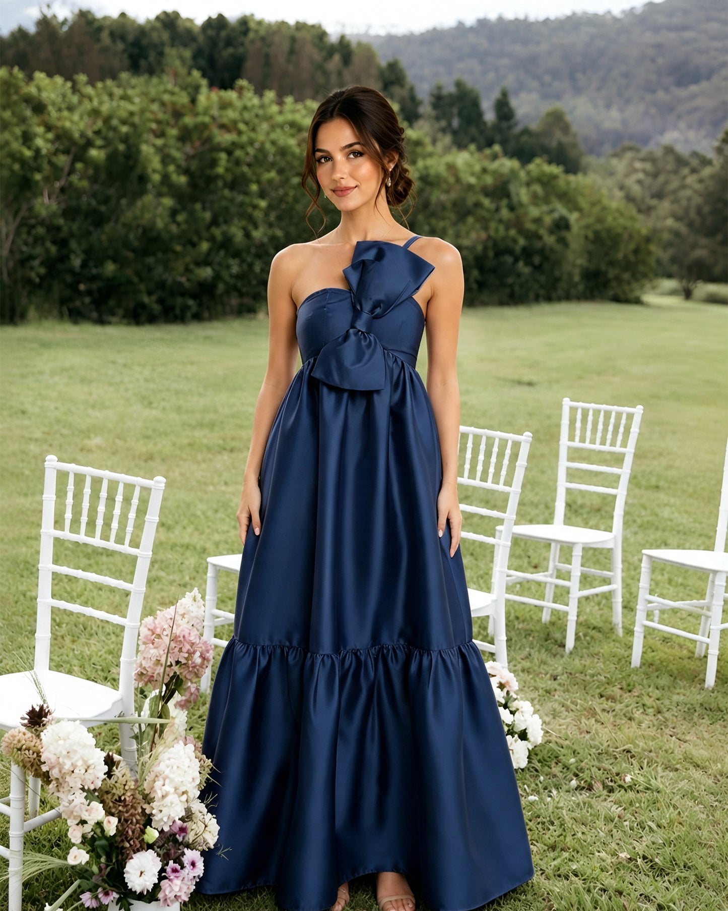 One-Shoulder Satin A-Line Bridesmaid Dress with Statement Ruffle