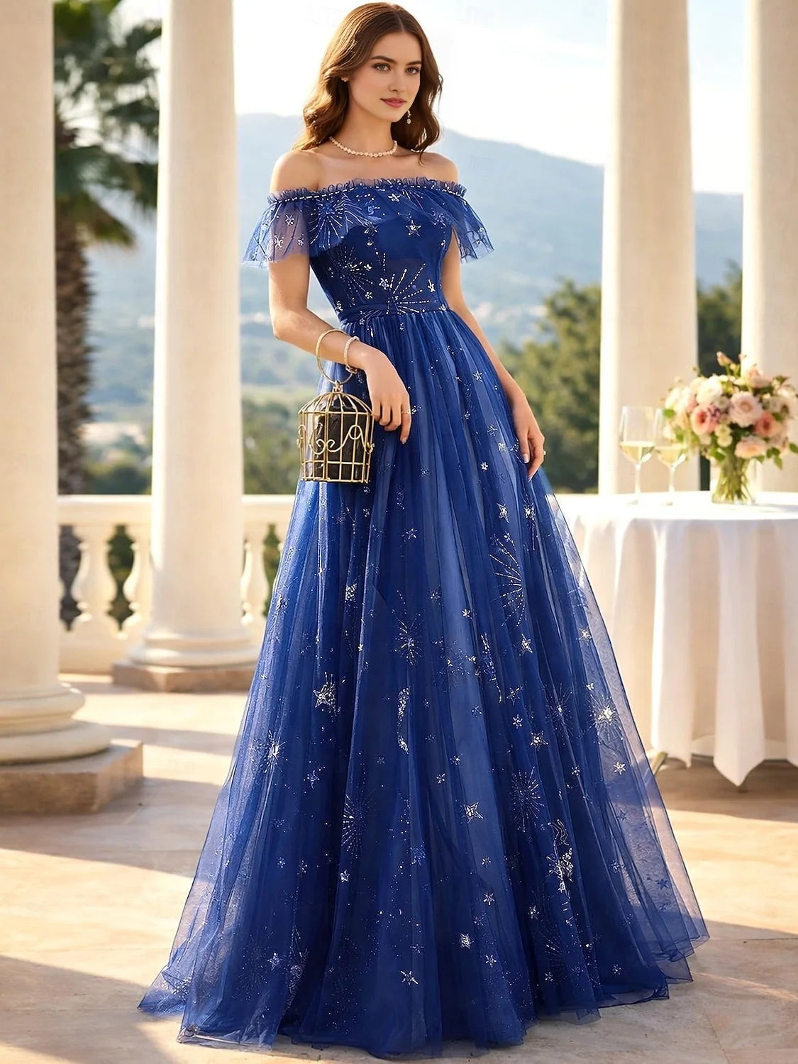Corset Ruffled Off Shoulder A-Line Floor-Length Tulle Prom Dress for Black Tie Event