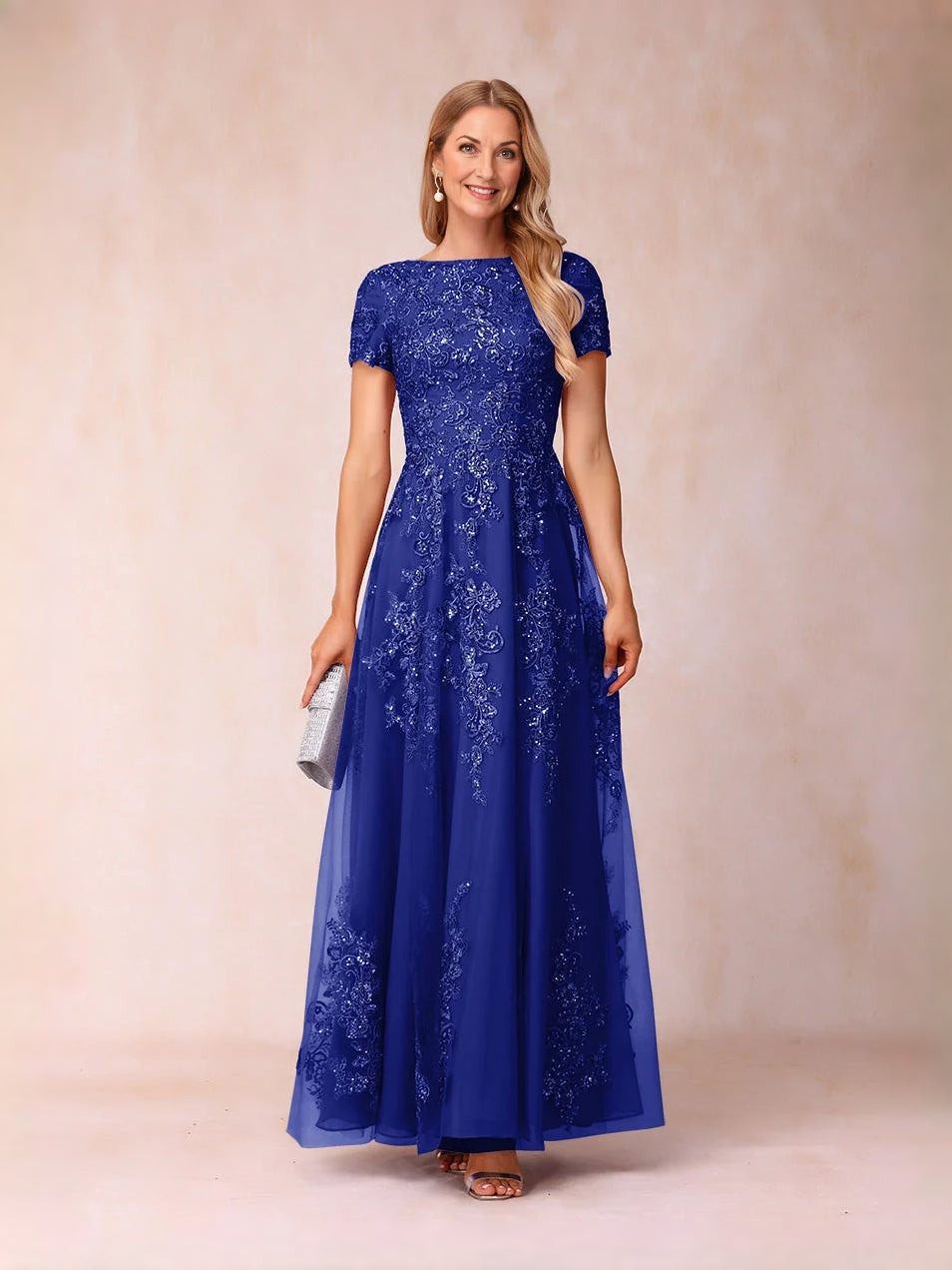 Sequin Floral Bateau Neck A-Line Floor-Length Tulle Mother of the Bride Dress for Seaside Wedding