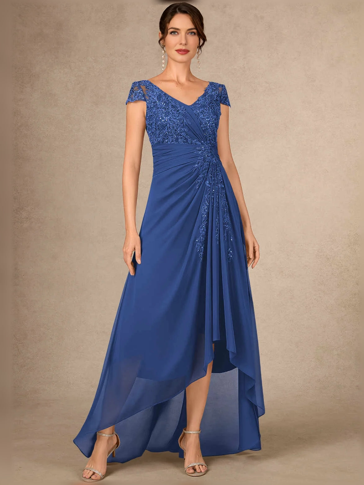 Ruched Sequin Floral V Neck A-Line High-Low Chiffon Mother of the Bride Dress for Formal Wedding