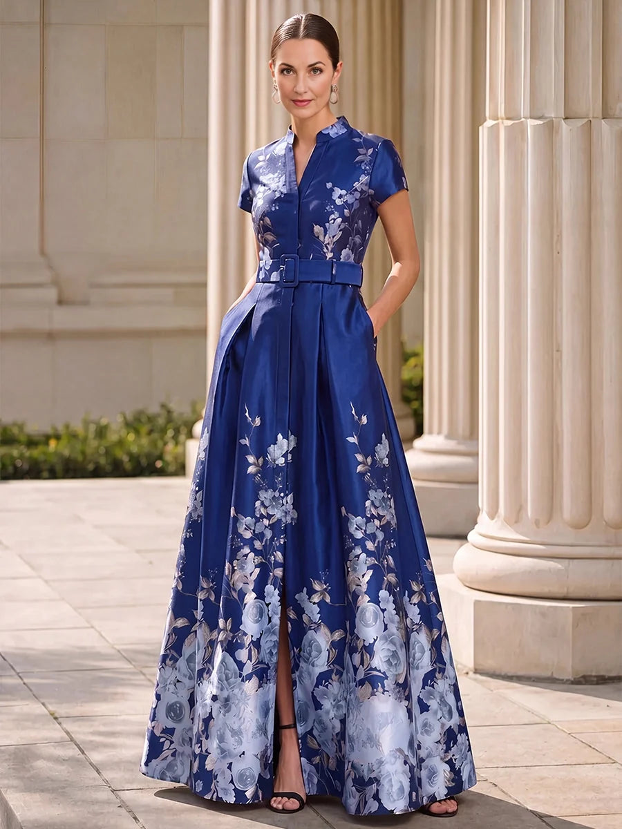 Front-Slit Floral Slit High Neck A-Line Maxi Satin Mother of the Bride Dress for Evening Reception