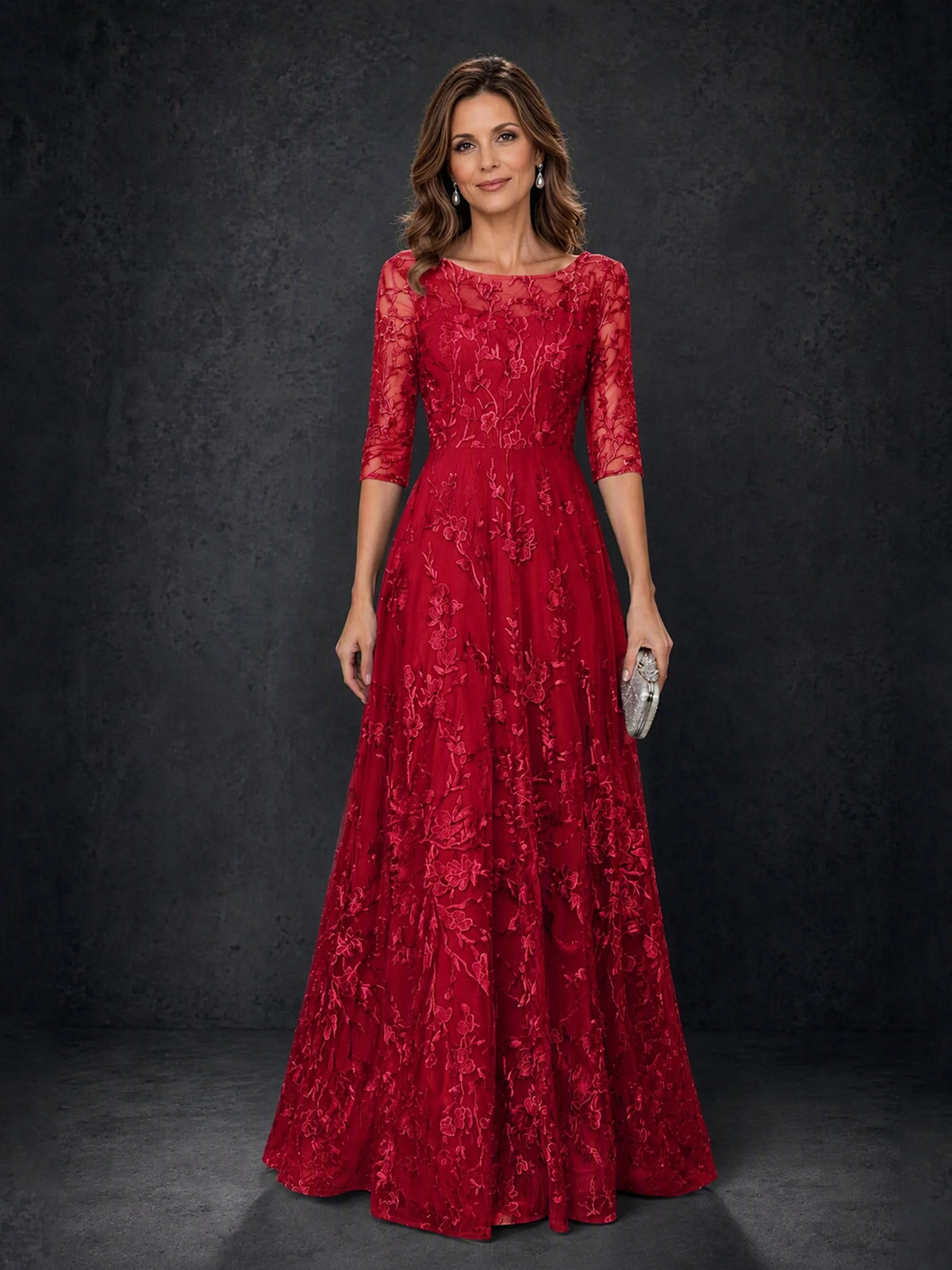 Floral Bateau Neck A-Line Floor-Length Mother of the Bride Dress for Anniversary Celebration