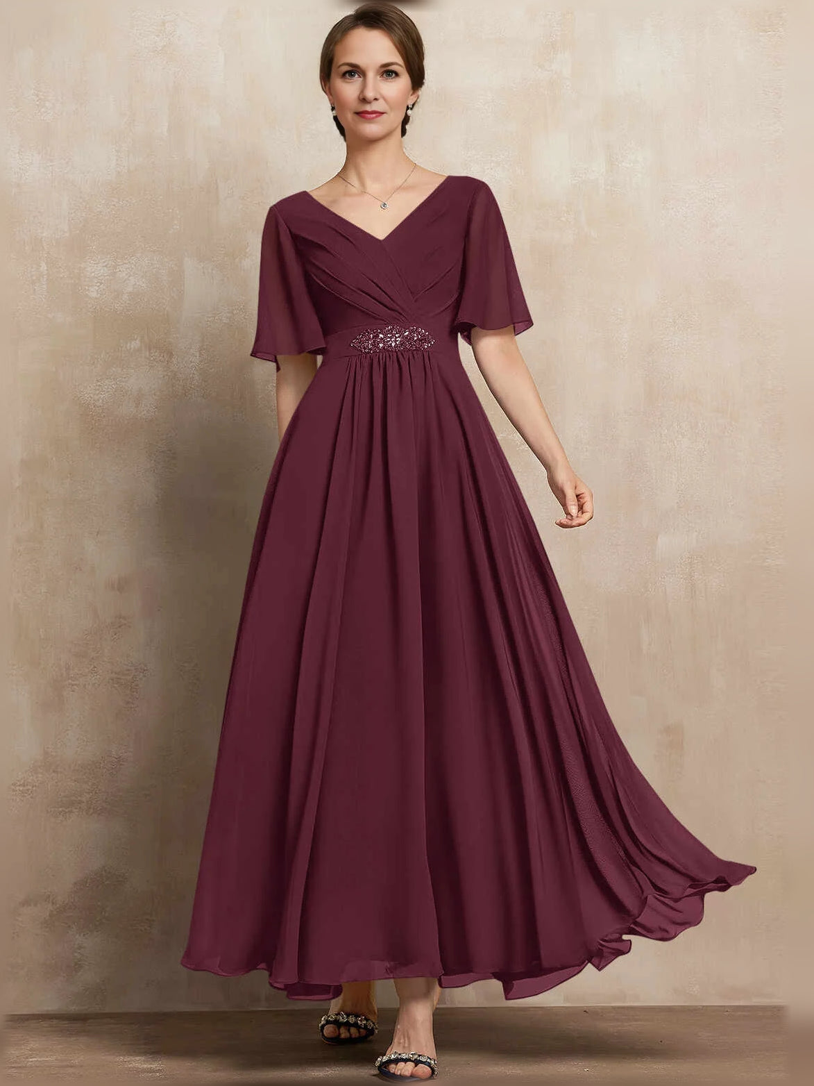 Pleated Beaded V Neck A-Line Maxi Chiffon Mother of the Bride Dress for Ceremony Dinner