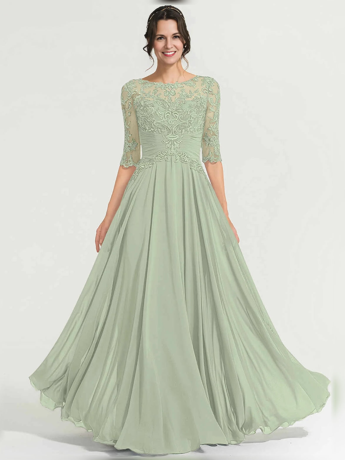 Ruched Flower-Applique Floral Illusion Neck A-Line Maxi Chiffon Mother of the Bride Dress for Formal Reception
