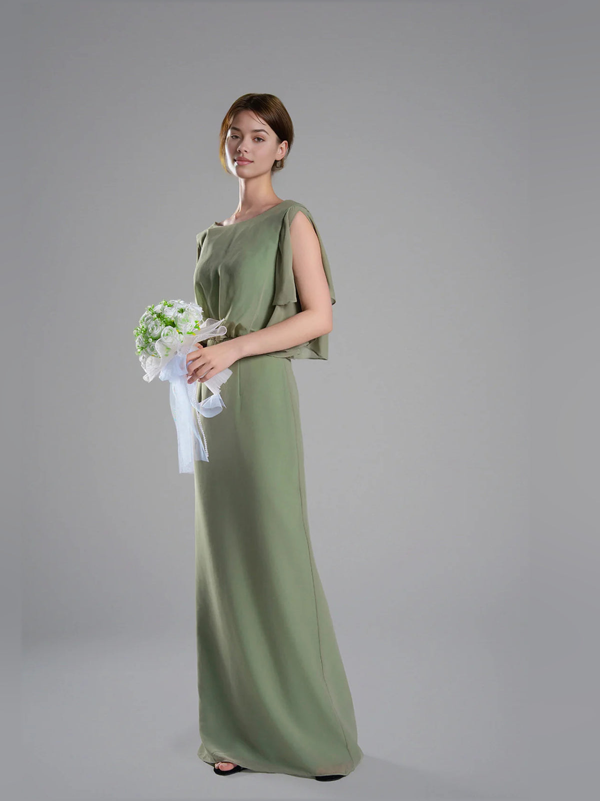 Boat Neck A-Line Floor-Length Chiffon Bridesmaid Dress for Destination Wedding