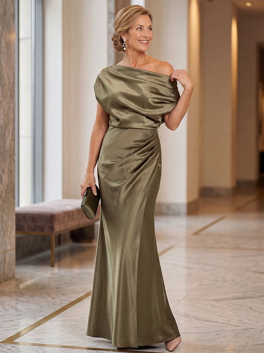 Ruched Draped Off Shoulder Mermaid Maxi Satin Mother of the Bride Dress for Wedding Celebration