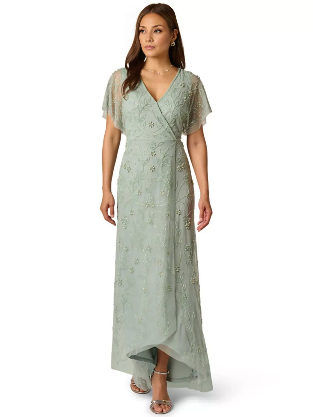 Beaded Embroidered Floral V Neck A-Line High-Low Mother of the Bride Dress for Wedding Celebration