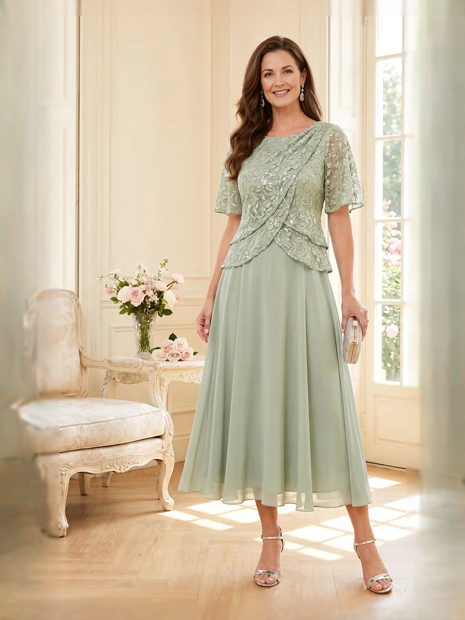 Sequin Floral A-Line Tea-Length Chiffon Mother of the Bride Dress for Formal Reception