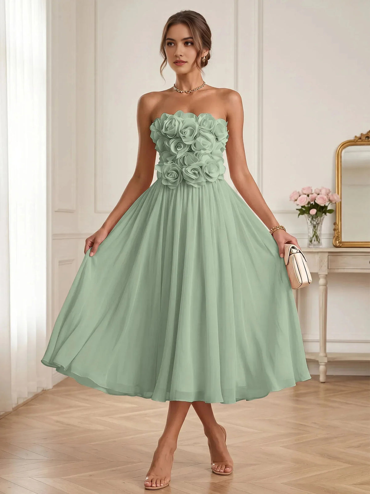 Floral Strapless A-Line Midi Chiffon Bridesmaid Dress for Wedding Reception