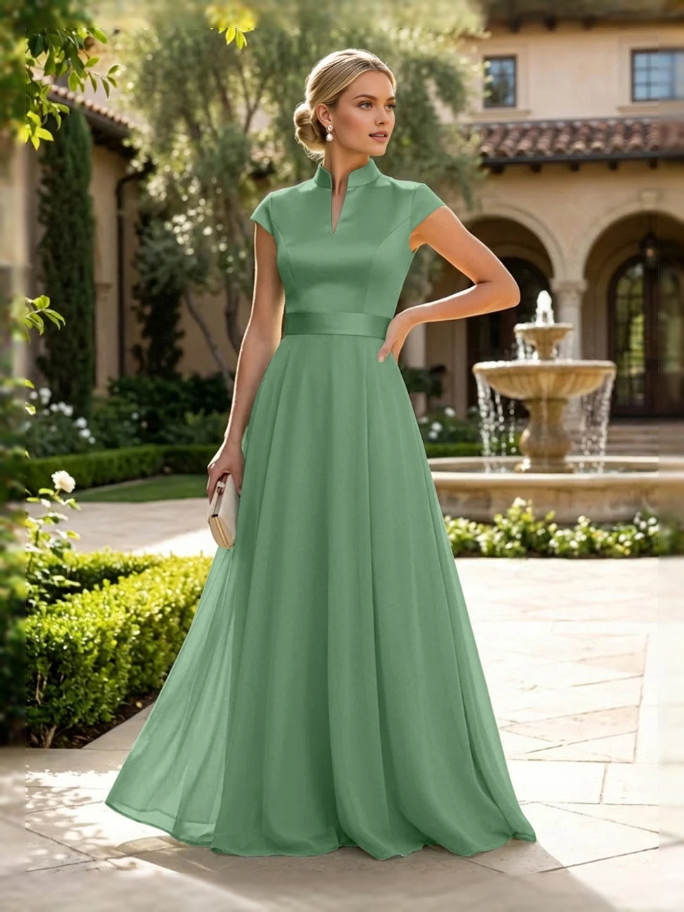 Slit High Neck A-Line Floor-Length Satin Mother of the Bride Dress for Bridal Luncheon