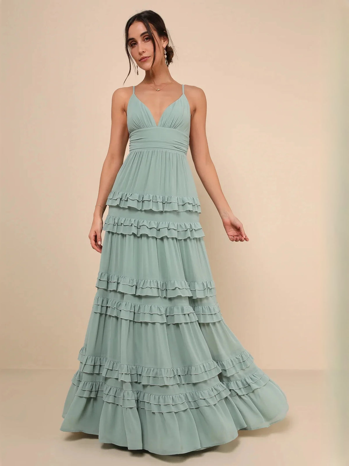 Ruched Tiered Ruffled V Neck A-Line Maxi Chiffon Bridesmaid Dress for Bridal Party