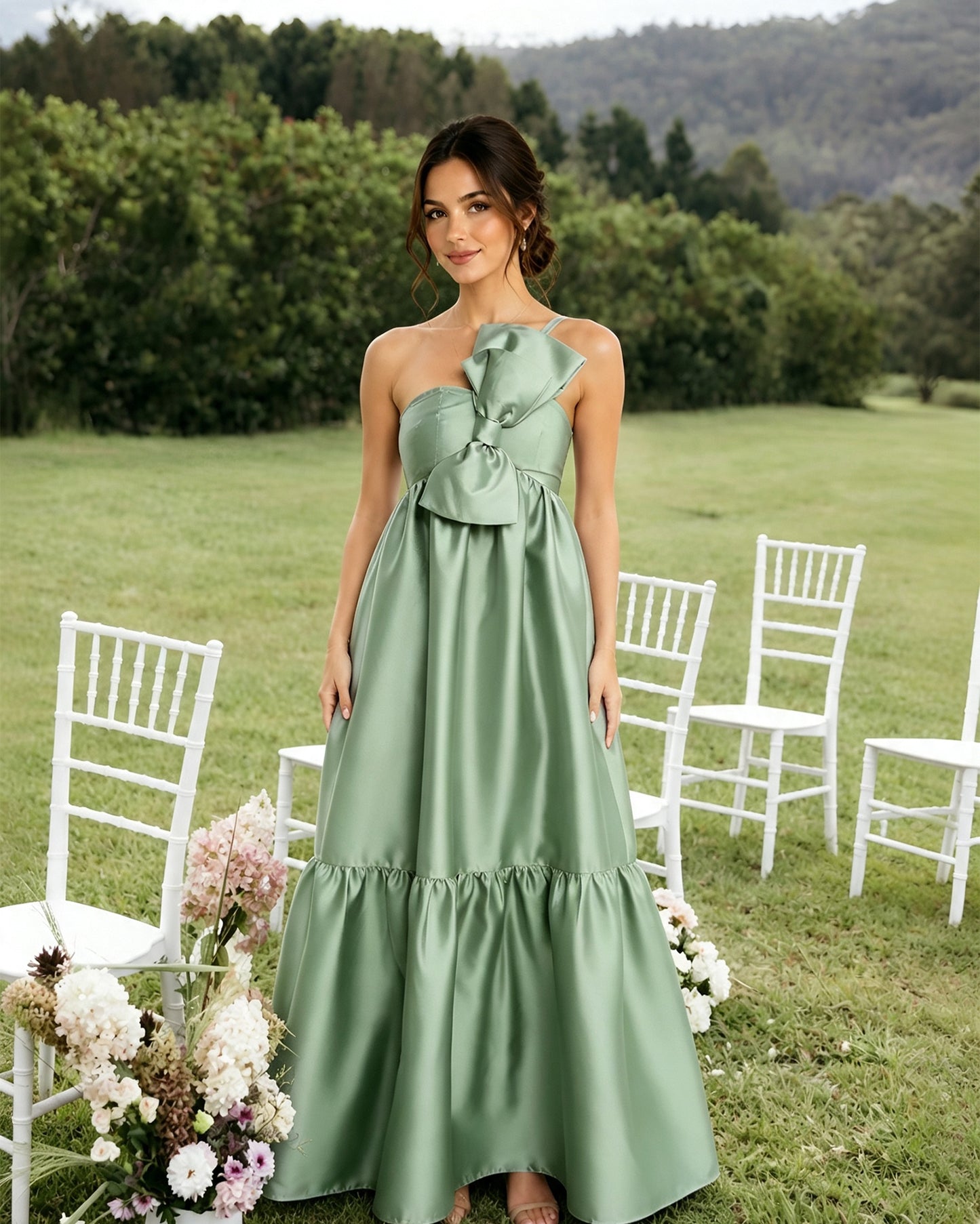One-Shoulder Satin A-Line Bridesmaid Dress with Statement Ruffle