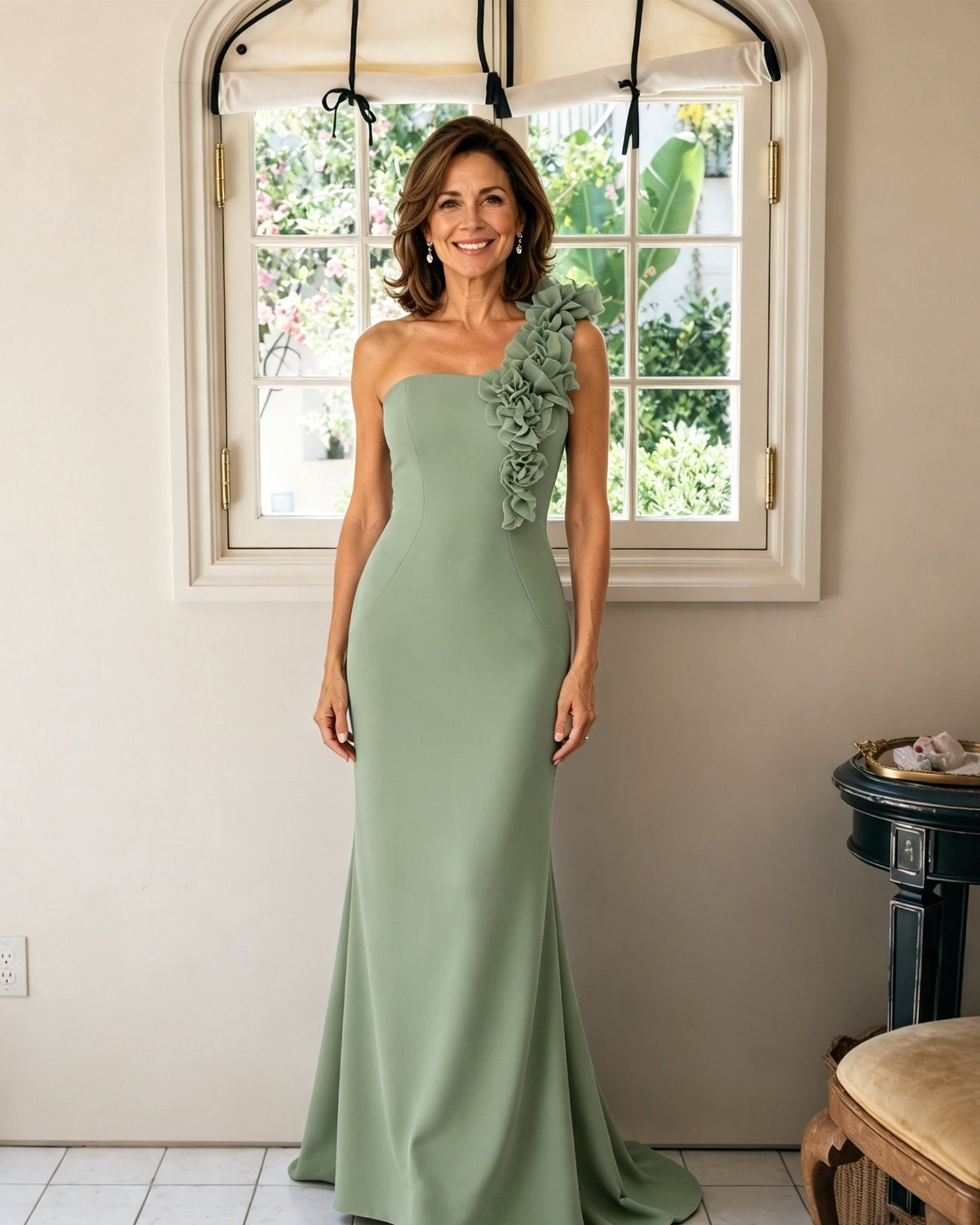 One-Shoulder Floral Applique Mermaid Mother of the Bride Dress