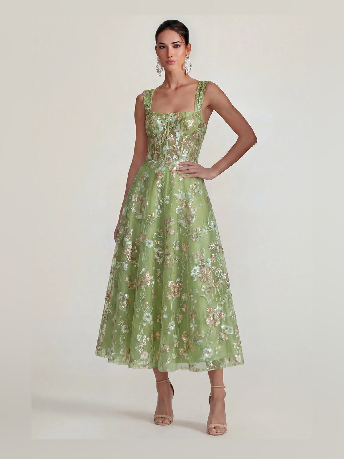Corset Embroidered Floral Square Neck A-Line Midi Tulle Prom Dress for Charity Ball