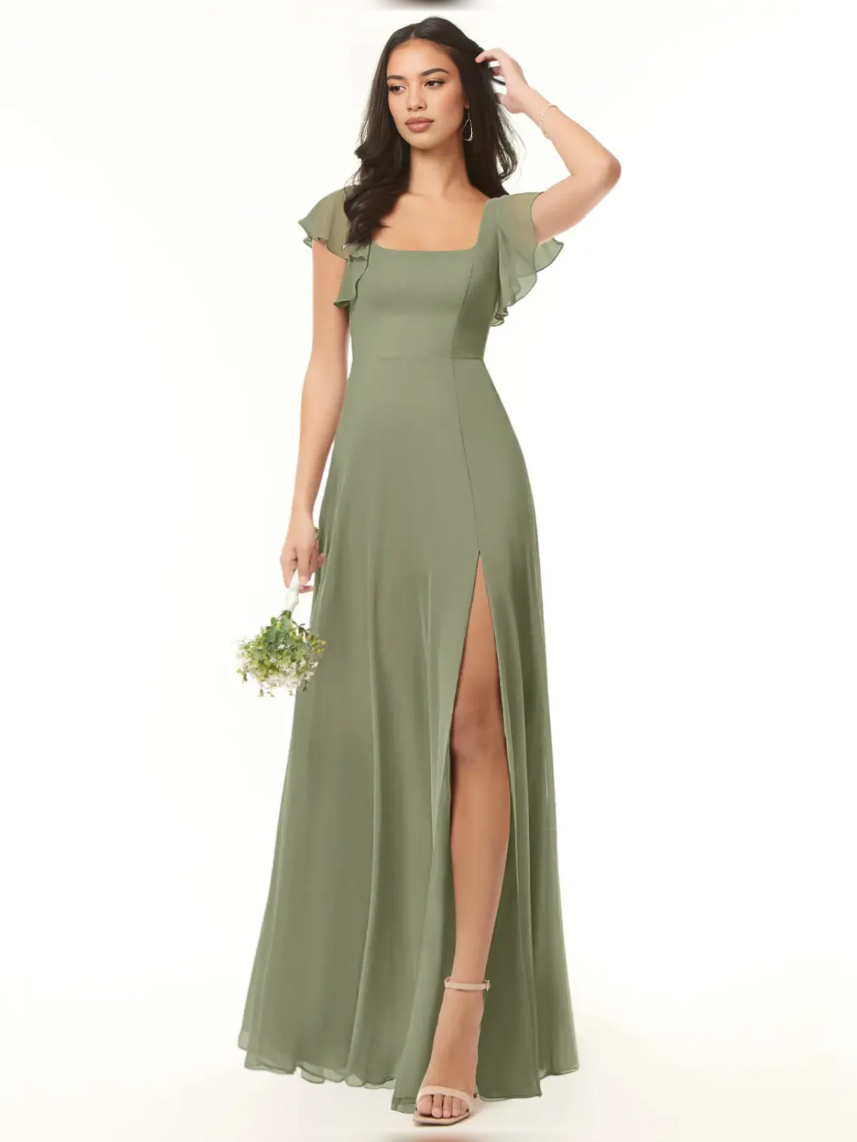 Side-Slit Ruffled Slit Square Neck A-Line Maxi Chiffon Bridesmaid Dress for Bridal Party