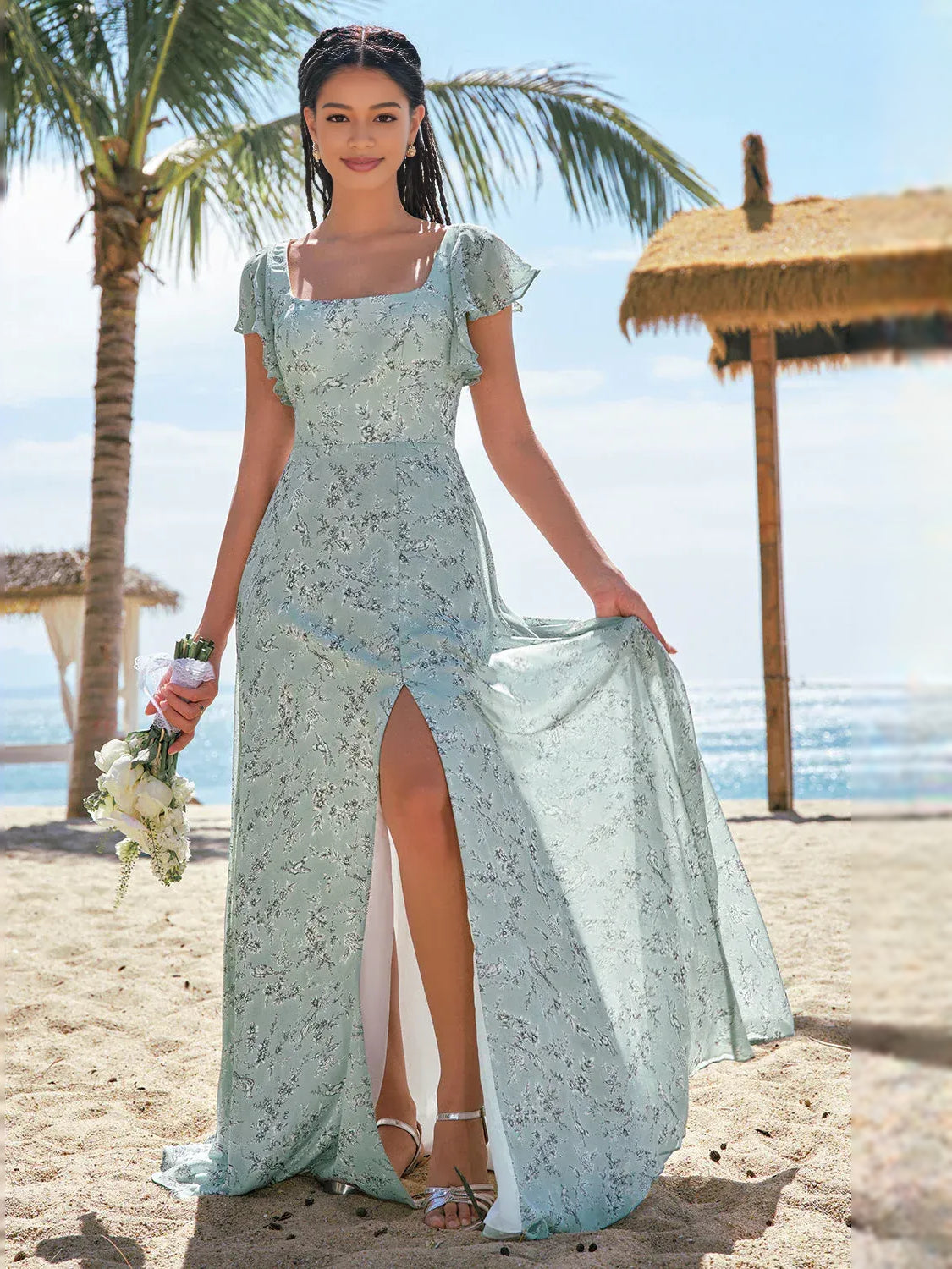 Floral Slit Square Neck A-Line Maxi Chiffon Bridesmaid Dress for Destination Wedding