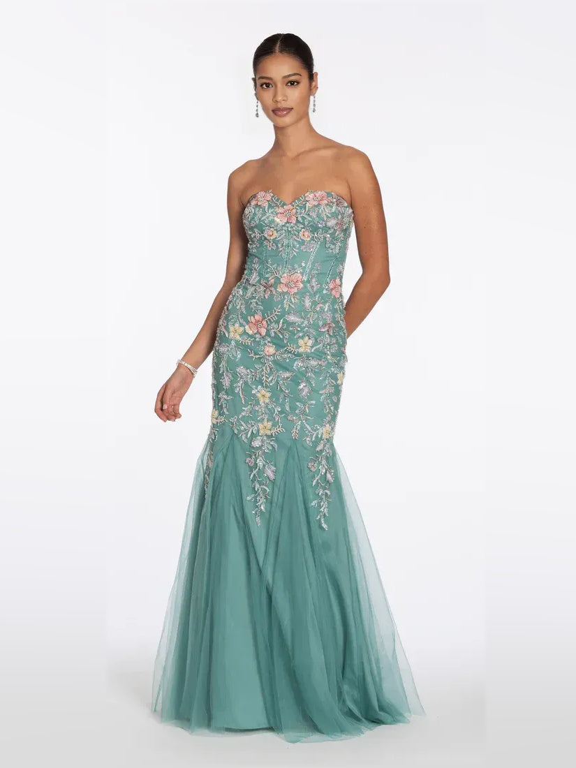 Sage Green Floral Strapless Mermaid Floor-Length Tulle Prom Dress for Spring Formal