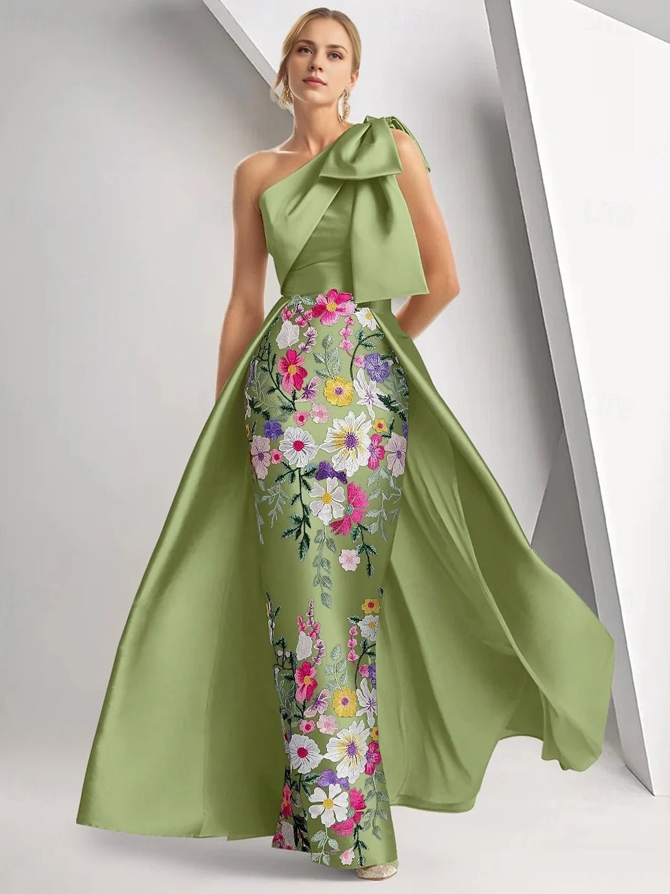 Layered Bow Floral One Shoulder Mermaid Maxi Satin Prom Dress for Celebration Dinner