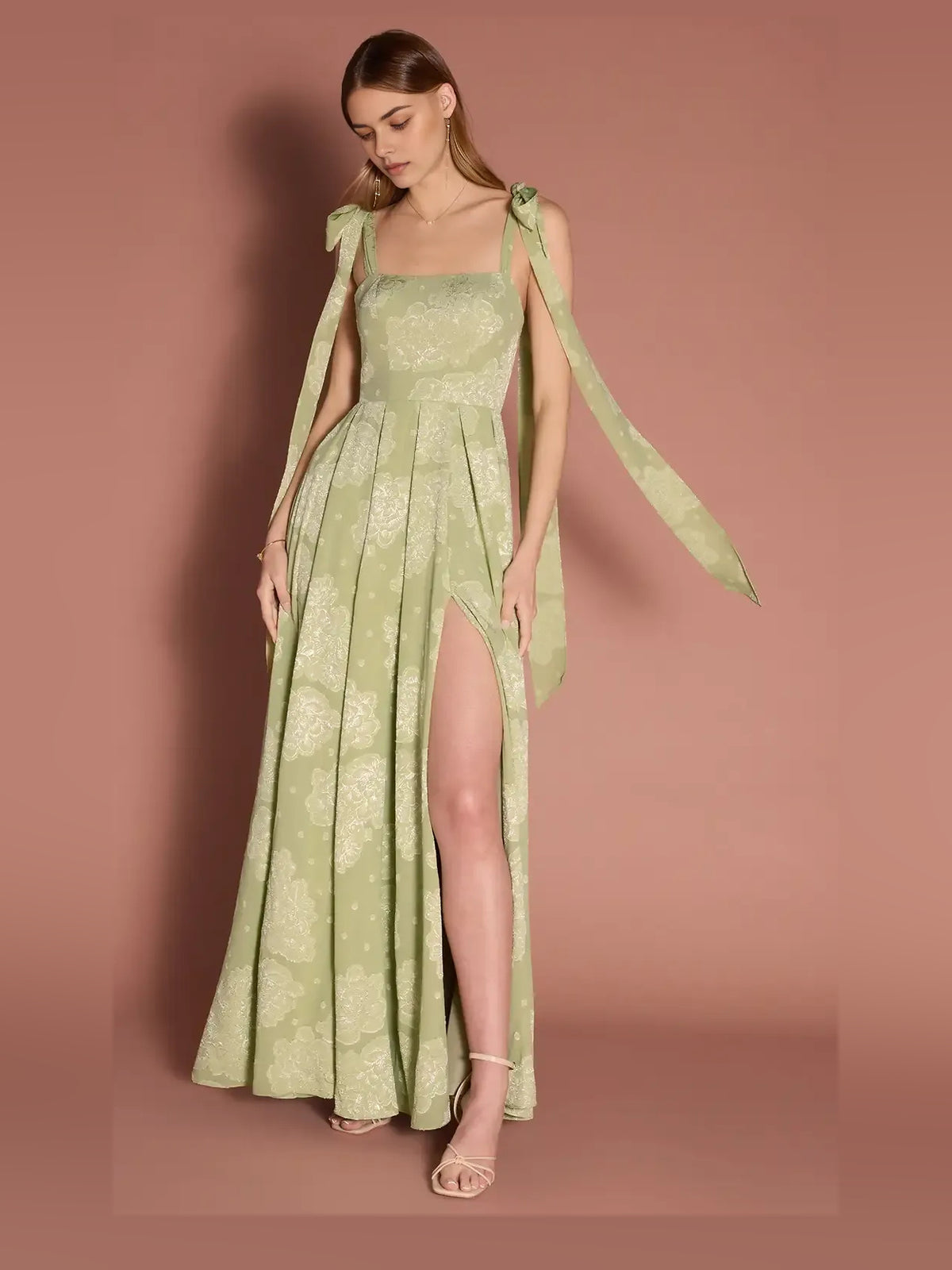 As Picture Pleated Side-Slit Floral Slit Backless Square Neck A-Line Maxi Prom Dress for Evening Ceremony