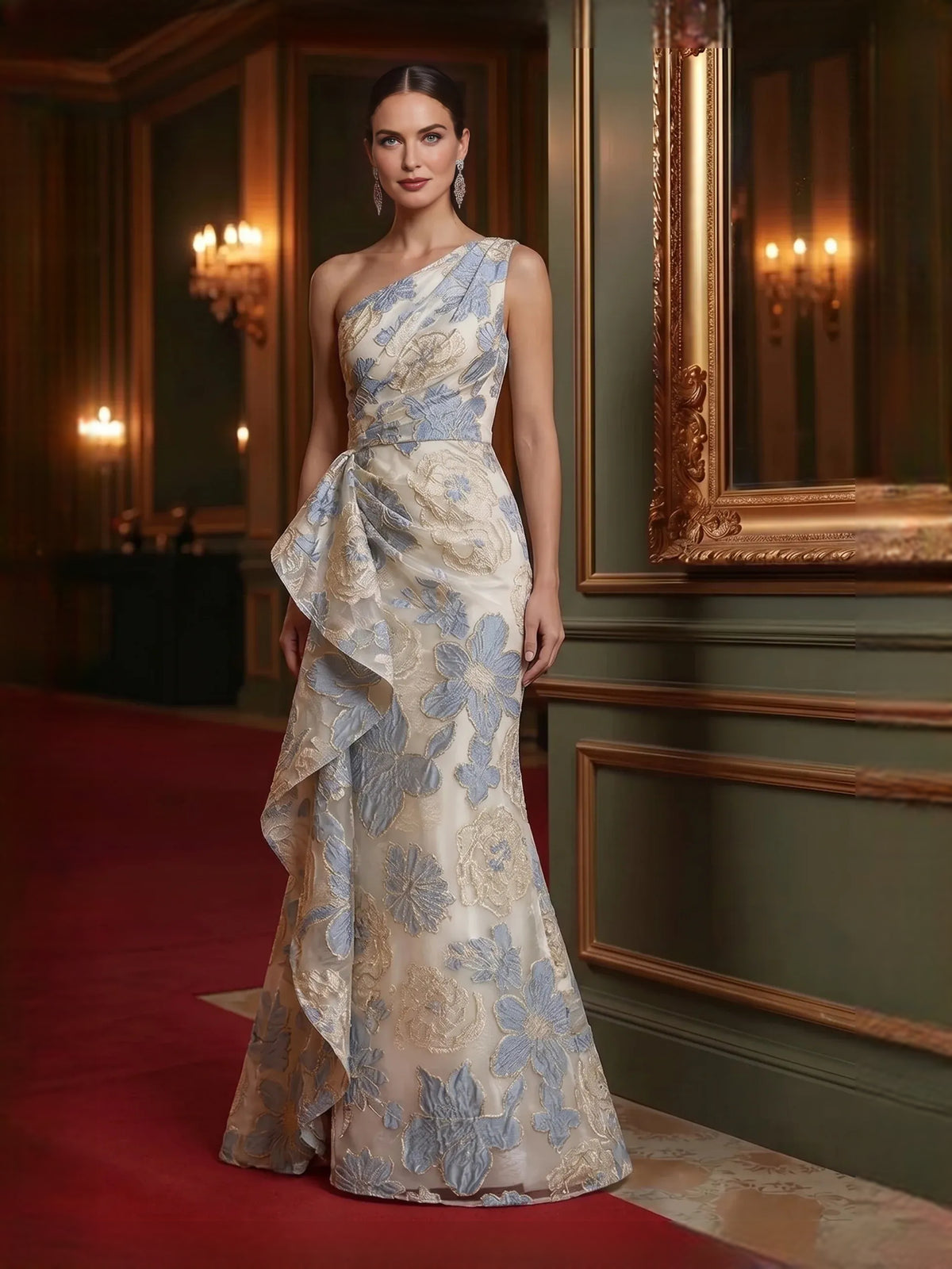 Ruffled Floral One Shoulder Mermaid Floor-Length Mother of the Bride Dress for Formal Dinner