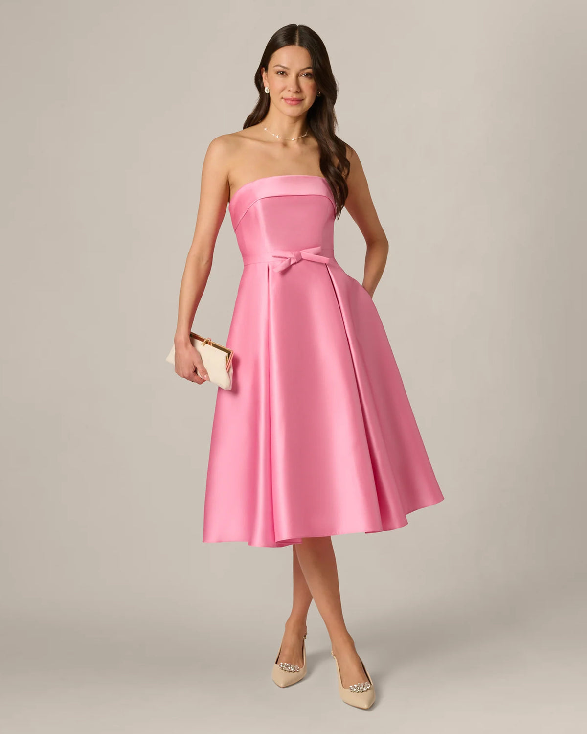 Bow Detail Strapless A-Line Midi Mother of the Bride Dress for Wedding Dinner