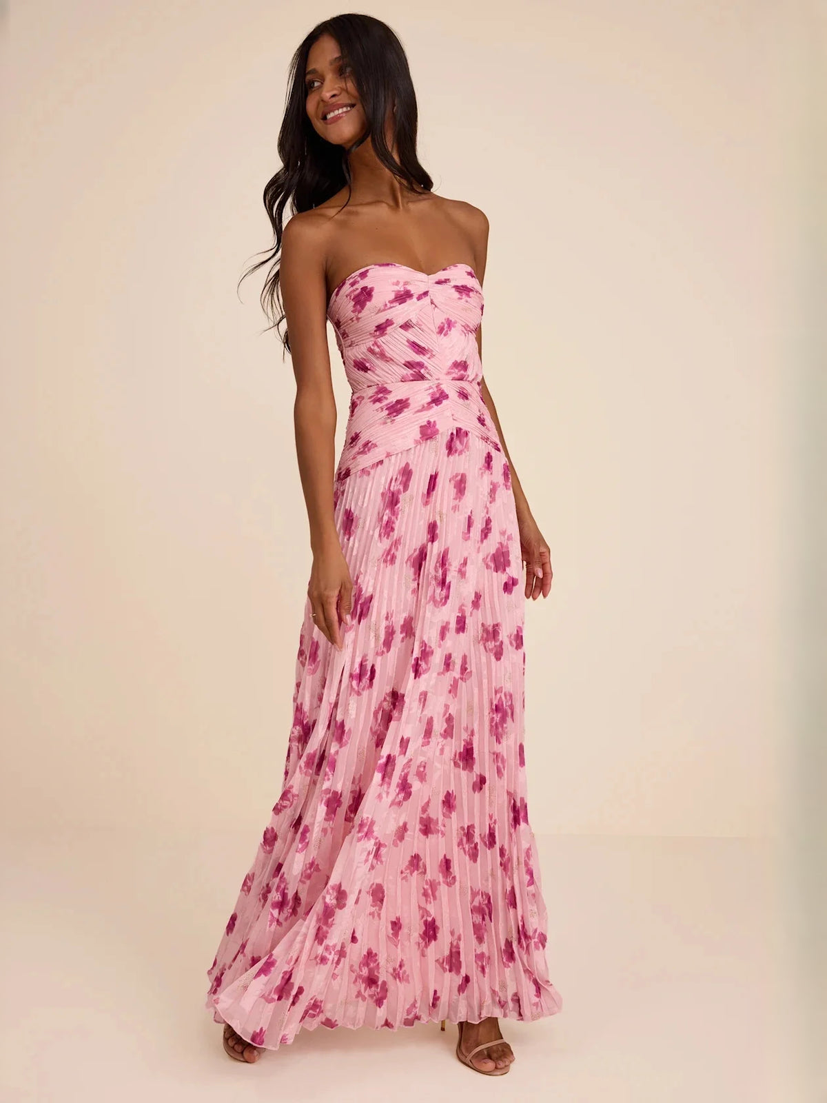 Ruched Pleated Floral Sweetheart A-Line Maxi Chiffon Bridesmaid Dress for Garden Wedding