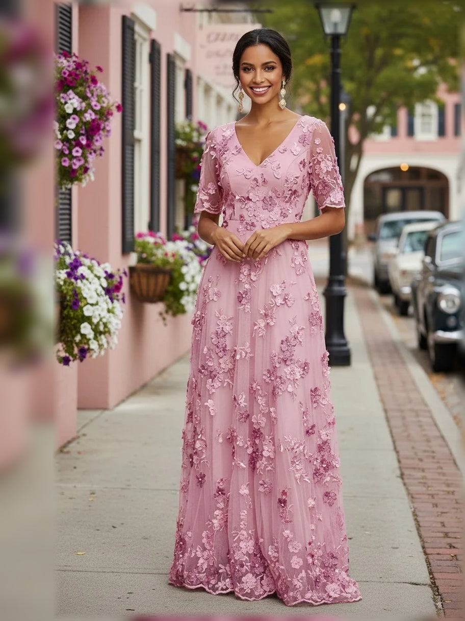 Floral Embroidered V Neck A-Line Floor-Length Tulle Mother of the Bride Dress for Gala Dinner