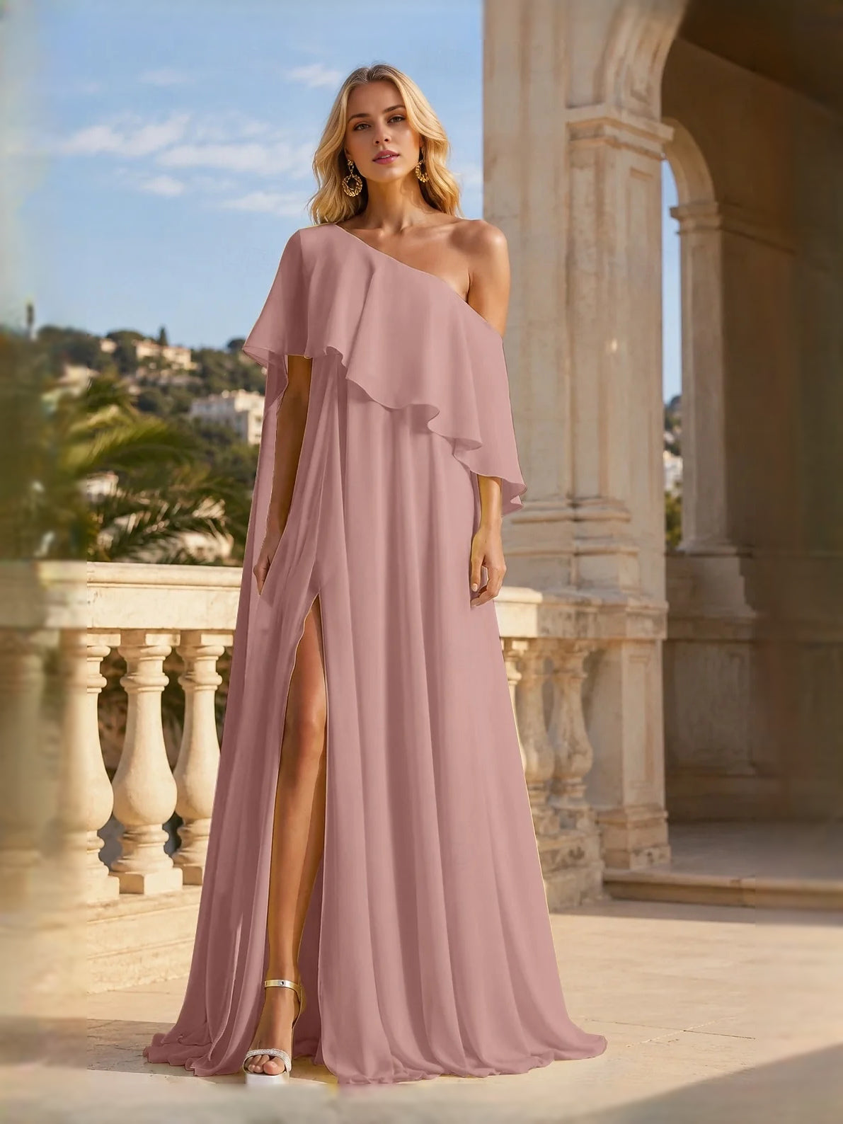 Draped Side-Slit Ruffled Slit One Shoulder A-Line Maxi Chiffon Prom Dress for Evening Banquet