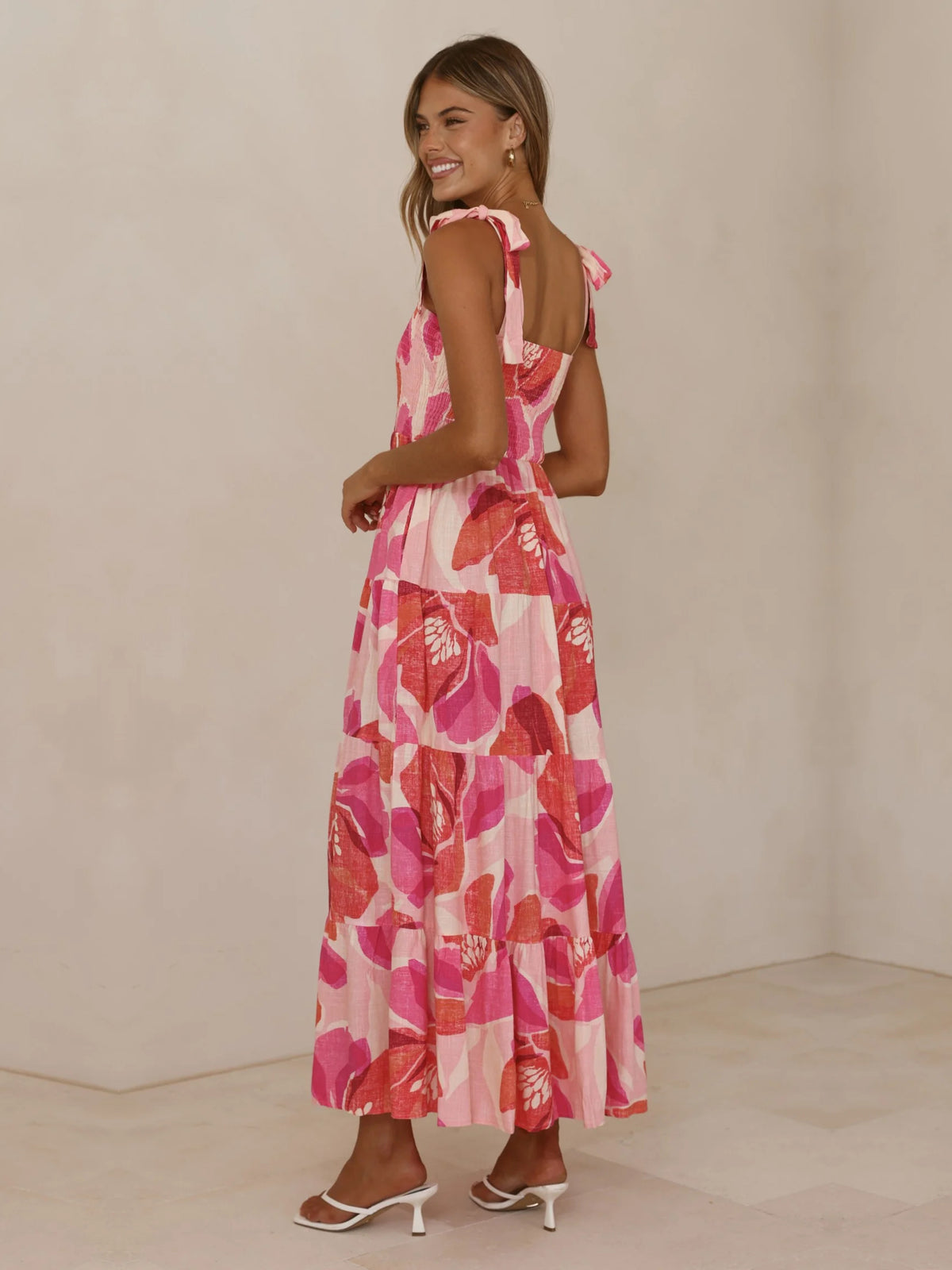 Pink Print Square Neck Tiered Maxi Formal Dress