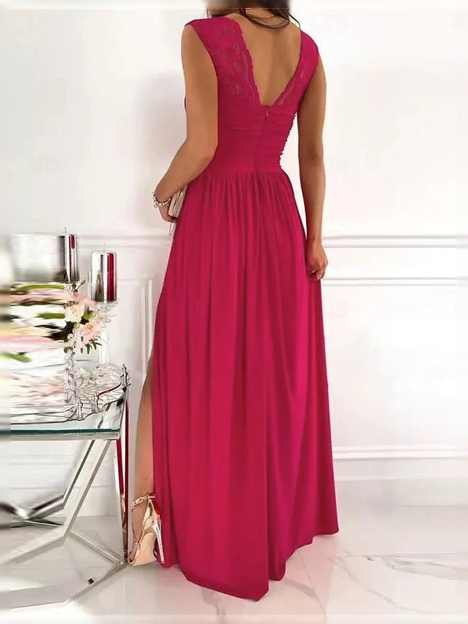 Ruched Pleated Draped Slit V Neck A-Line Floor-Length Chiffon Prom Dress for Prom Night
