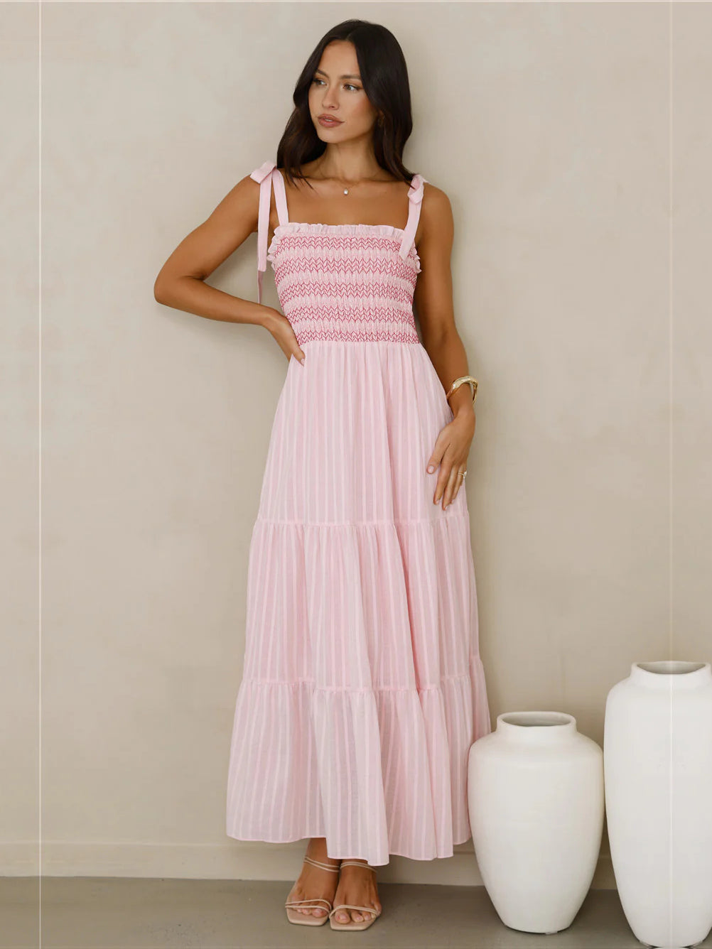 Pink Square Neck Pleats A-Line Maxi Formal Dress