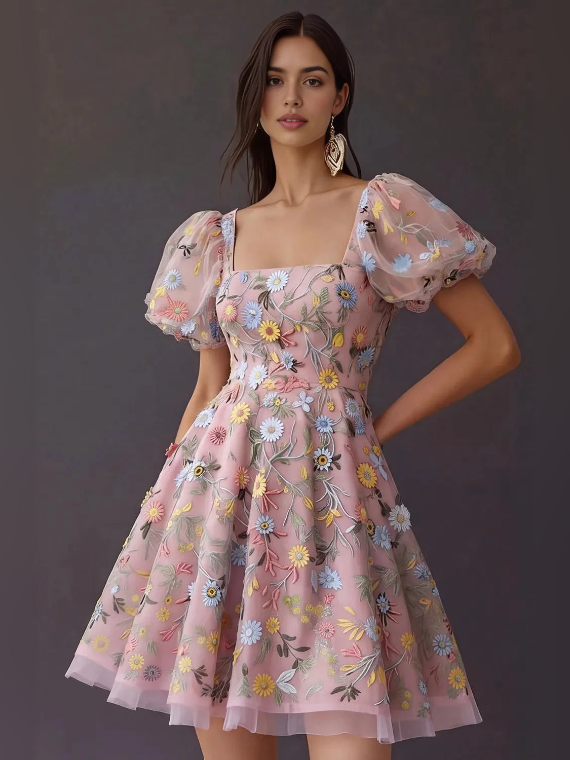 Embroidered Floral Square Neck A-Line Short Tulle Homecoming Dress for Formal Dance