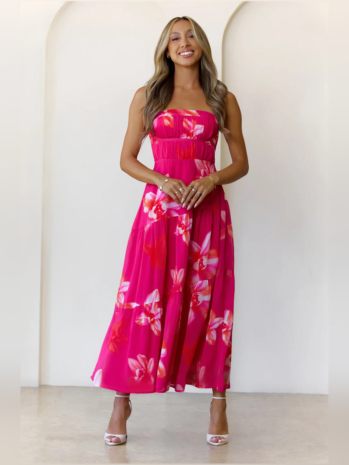Pink Strapless A-Line Maxi Bloom Formal Dress