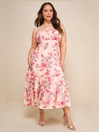 Tea Party Chic Print Tie-Strap Tiered Midi Formal Dress