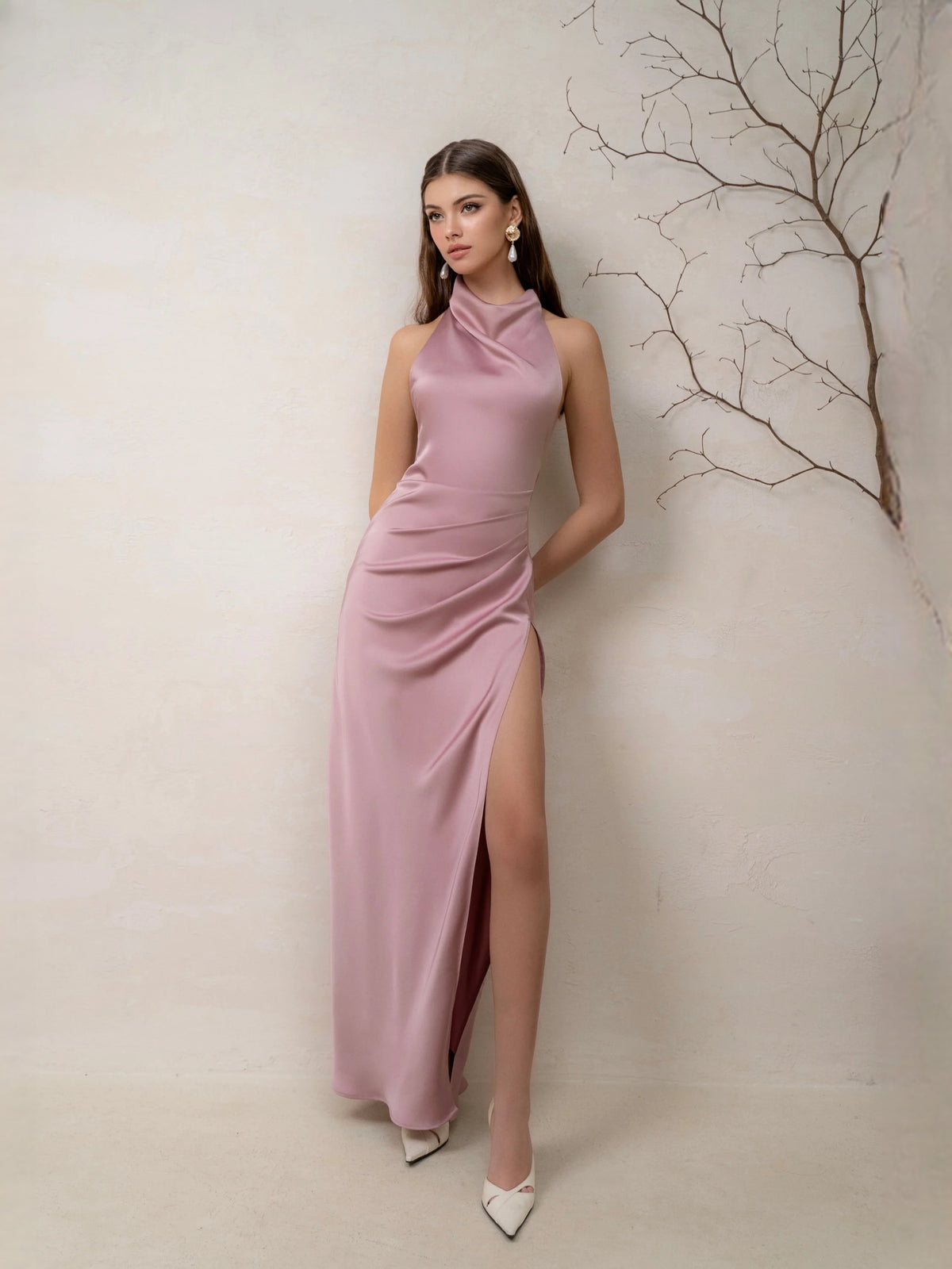 Ruched Side-Slit Slit Cowl Neck Sheath Maxi Satin Bridesmaid Dress for Estate Wedding