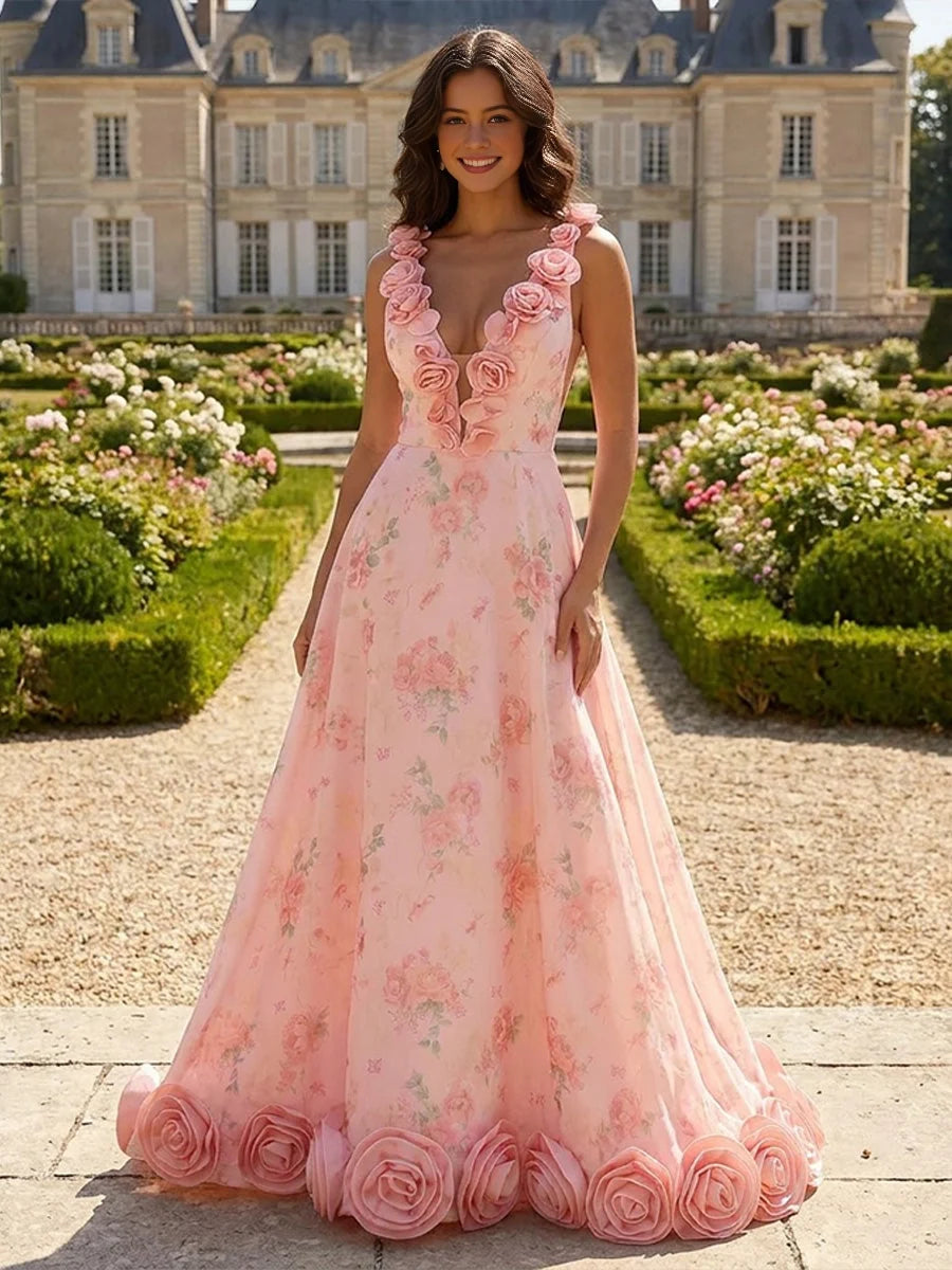 Cut-Out Floral V Neck A-Line Floor-Length Wedding Dress for Bridal Portraits
