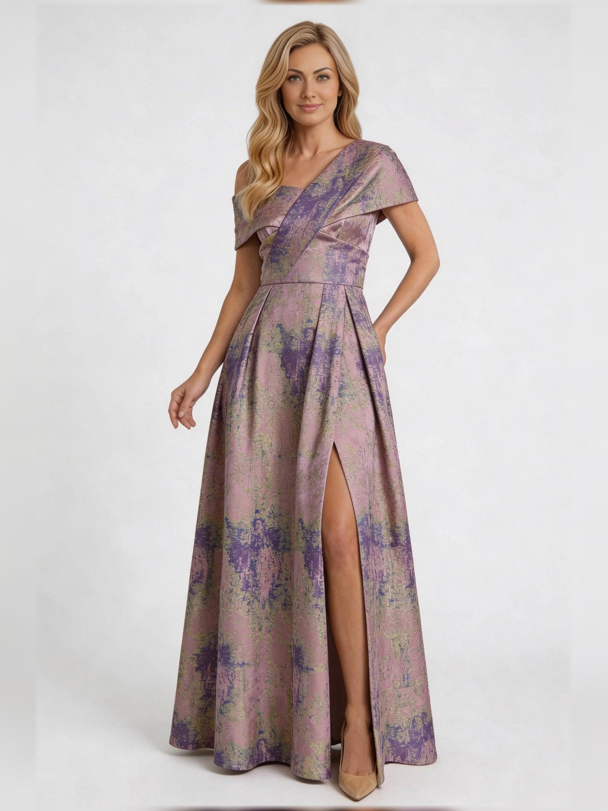 Side-Slit Slit Asymmetrical Neck A-Line Floor-Length Mother of the Bride Dress for Wedding Ceremony