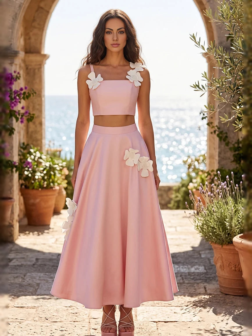 Flower-Applique Floral Square Neck A-Line Midi Satin Bridesmaid Dress for Garden Wedding