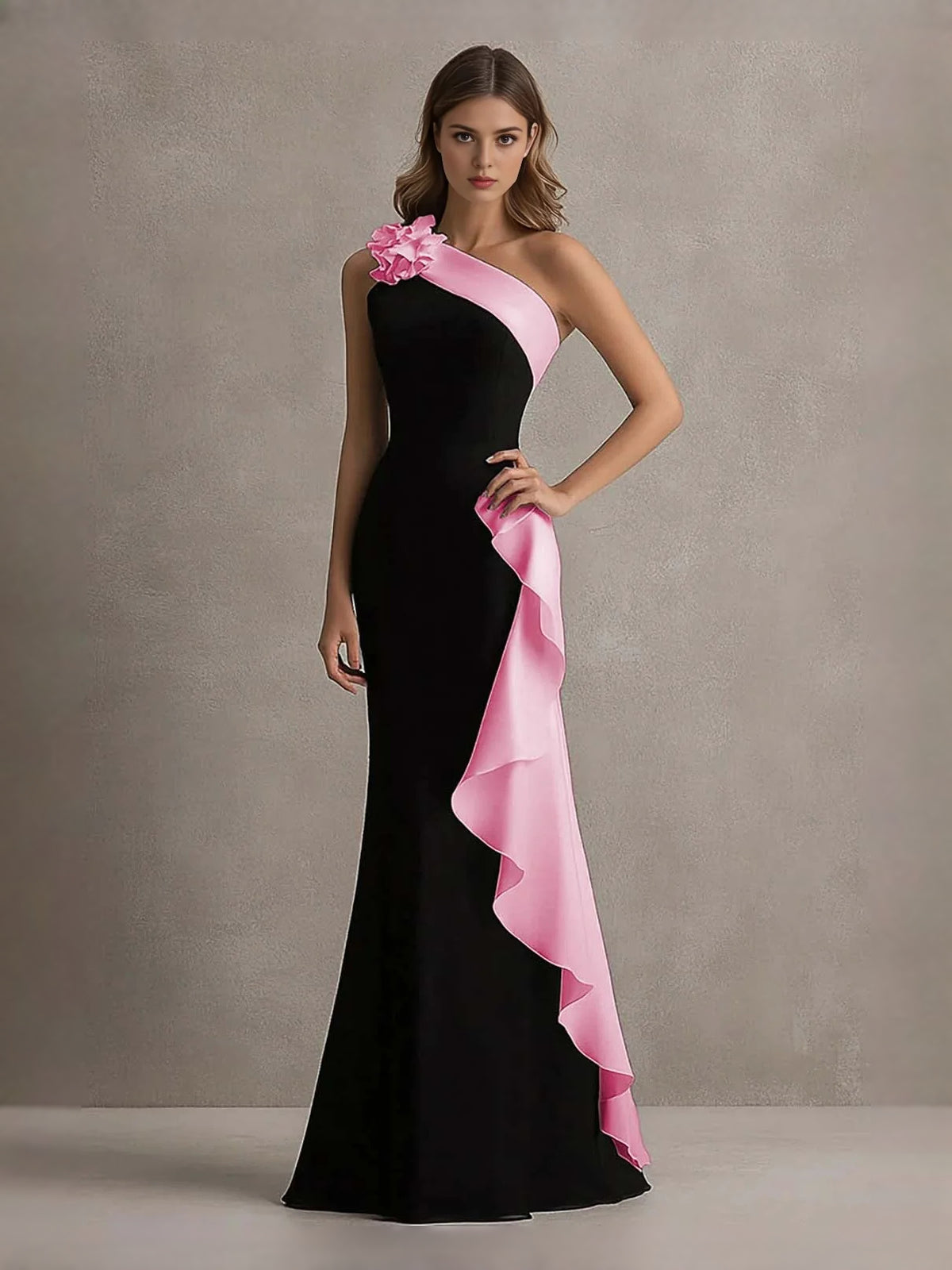 Draped Ruffled Floral One Shoulder Mermaid Floor-Length Prom Dress for Gala