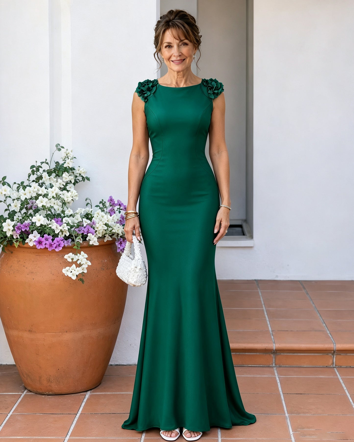 Floral Shoulder Mermaid Mother of the Bride Dress with Cowl Back