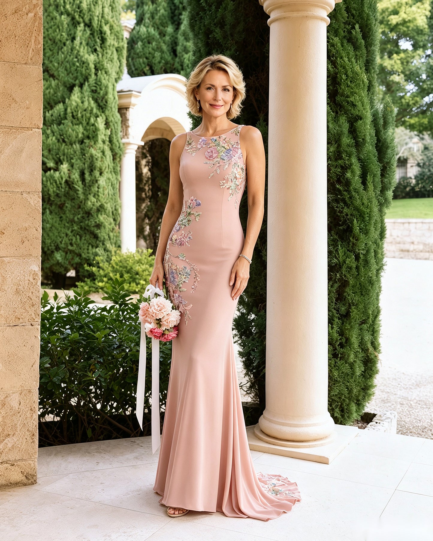 Floral Embroidered Halter Mother of the Bride Dress with Statement Train