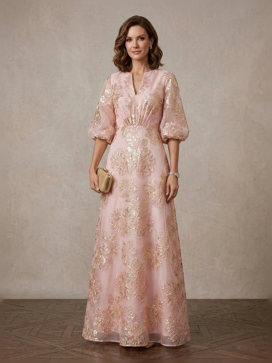 Floral V Neck A-Line Maxi Organza Mother of the Bride Dress for Wedding Reception