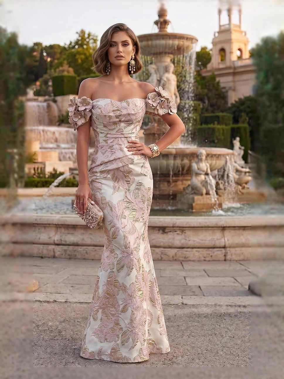 Ruched Flower-Applique Floral Off Shoulder Mermaid Floor-Length Mother of the Bride Dress for Bridal Luncheon