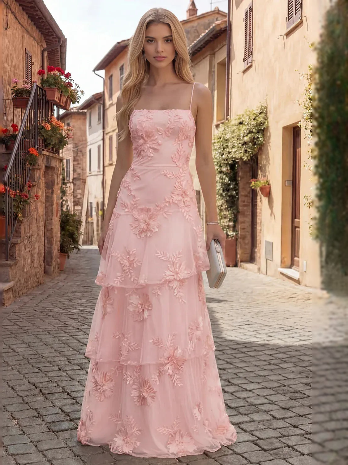 Tiered Ruffled Floral Square Neck A-Line Floor-Length Tulle Prom Dress for Spring Formal