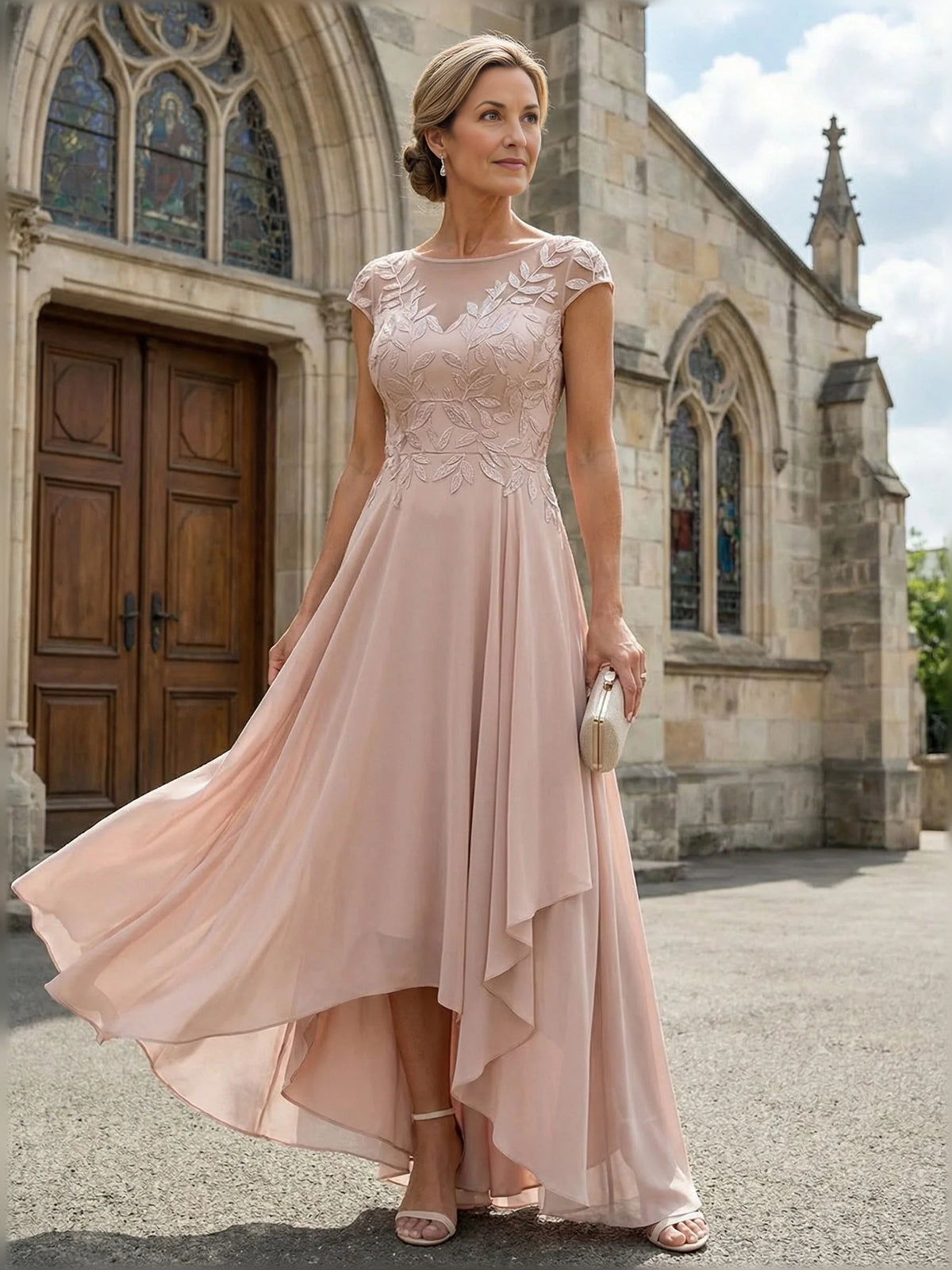 Embroidered V Neck A-Line High-Low Chiffon Mother of the Bride Dress for Reception Dinner